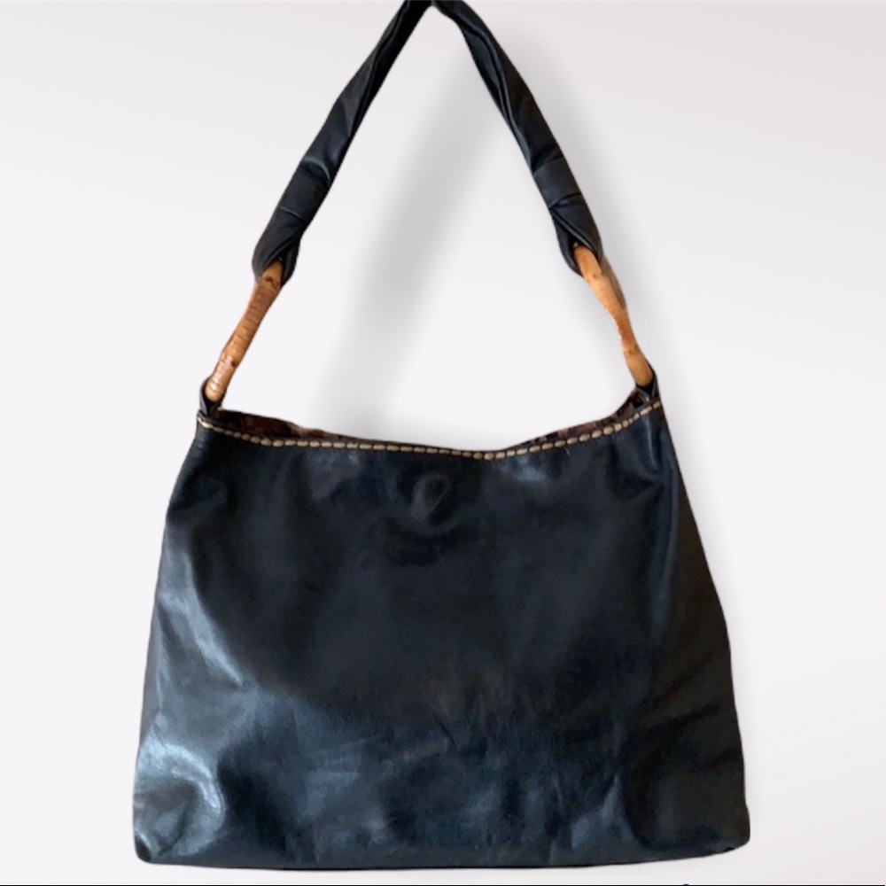 Plinio Visona Women’s Dark Brown Leather Handbag Satchel with Bamboo Trim